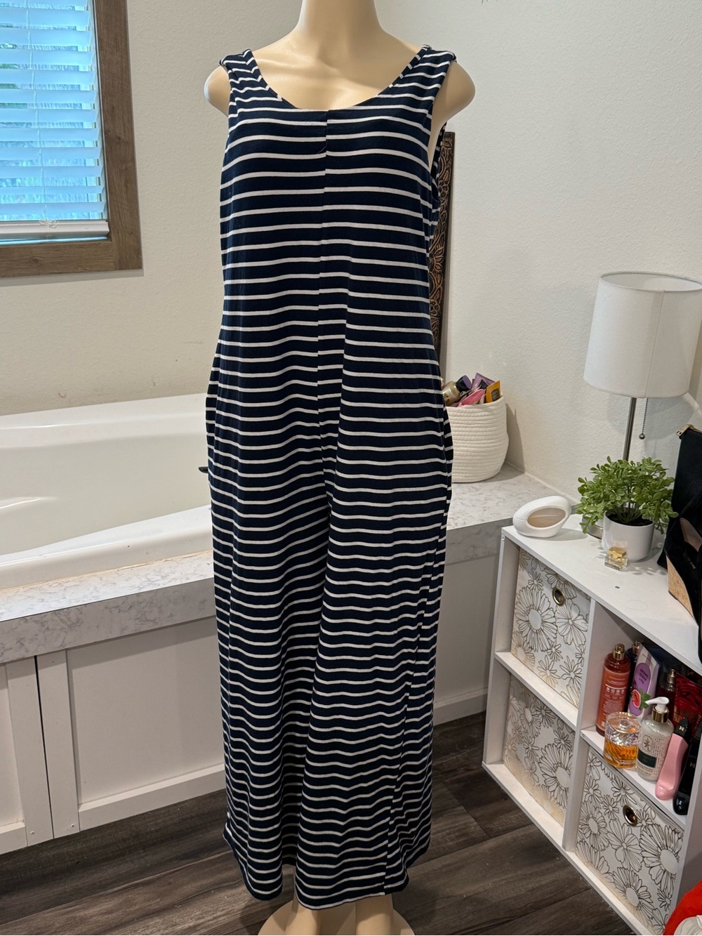 Dazy Navy & White Striped Wide Leg Jumpsuit — XL
